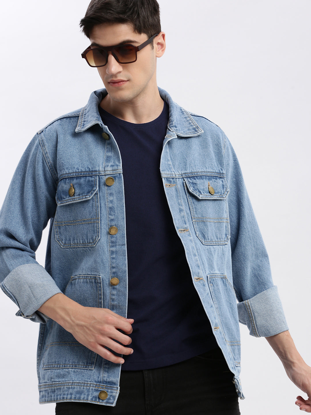 Men's Blue Washed Spread Collar Windcheater Rapid-Dry Denim Jacket