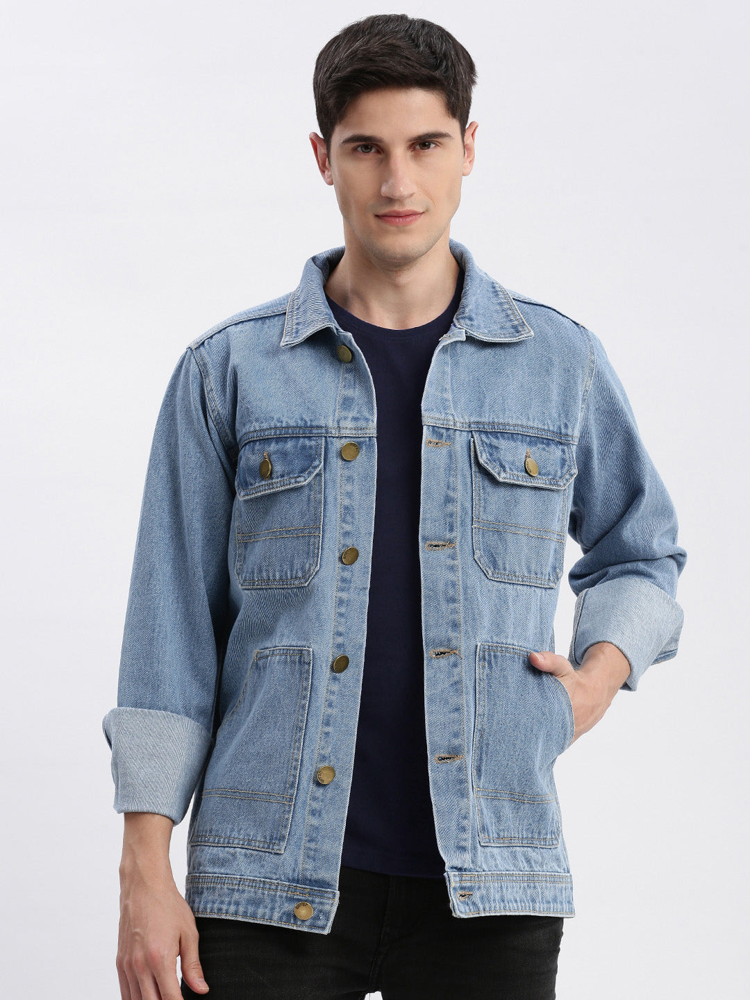 Men's Blue Washed Spread Collar Windcheater Rapid-Dry Denim Jacket