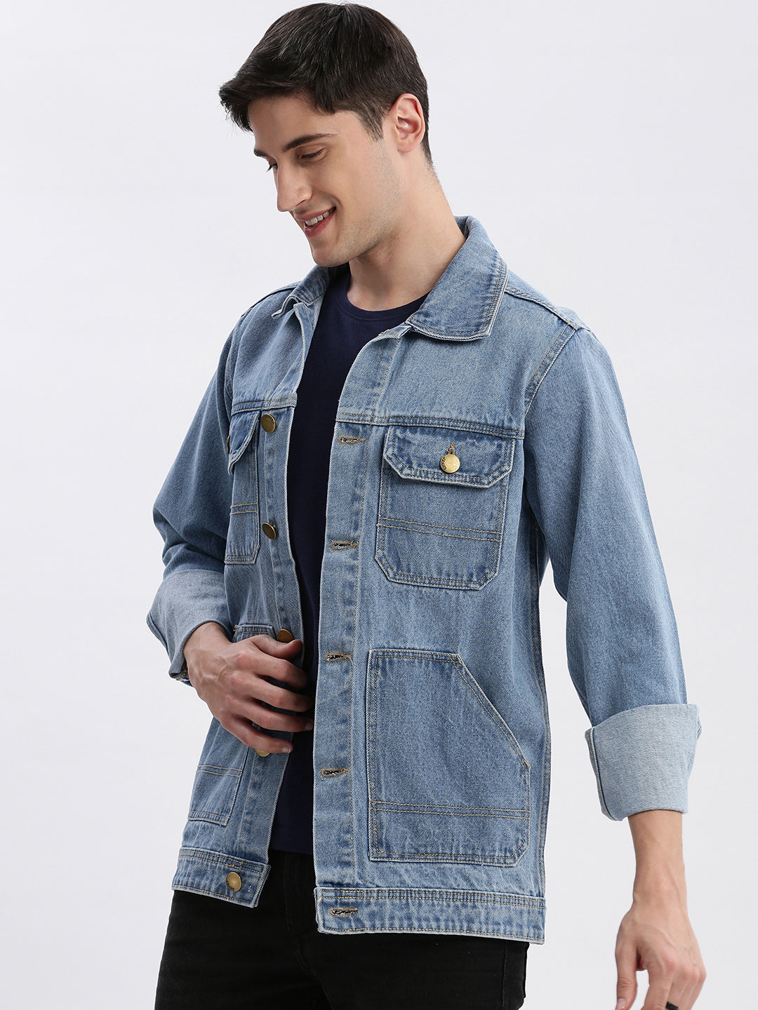 Men's Blue Washed Spread Collar Windcheater Rapid-Dry Denim Jacket