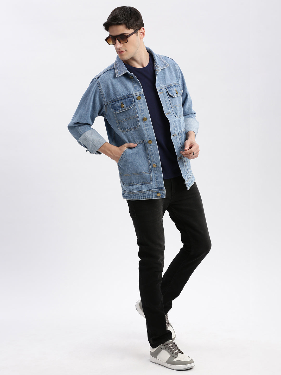 Men's Blue Washed Spread Collar Windcheater Rapid-Dry Denim Jacket