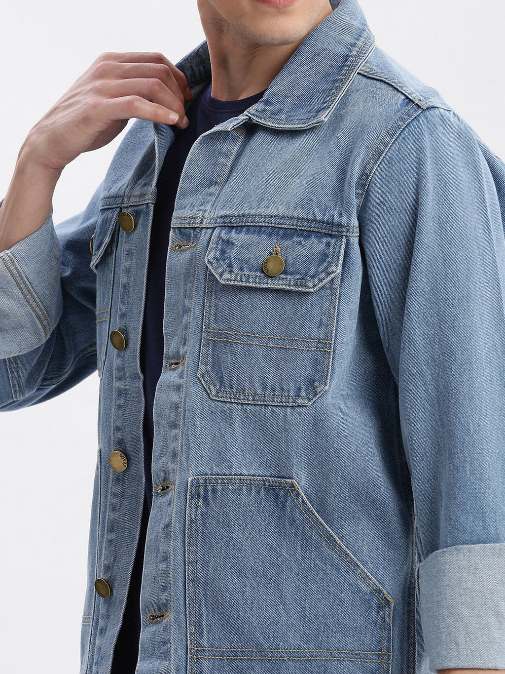 Men's Blue Washed Spread Collar Windcheater Rapid-Dry Denim Jacket