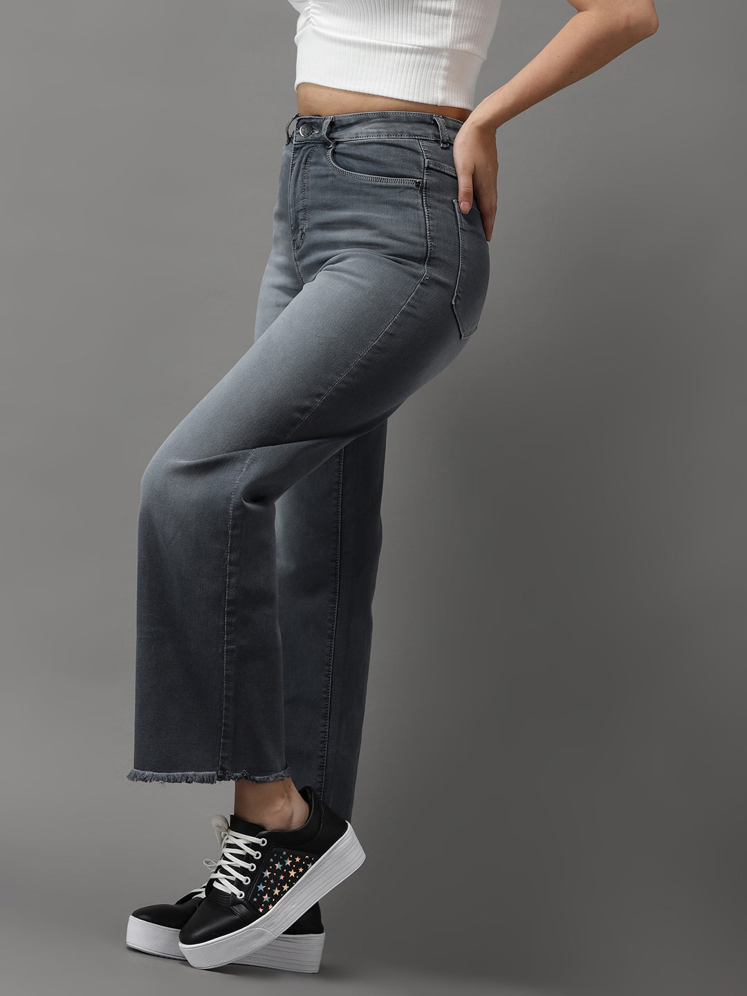 Women's Grey Jean Wide Leg High-Rise Light Fade Jeans