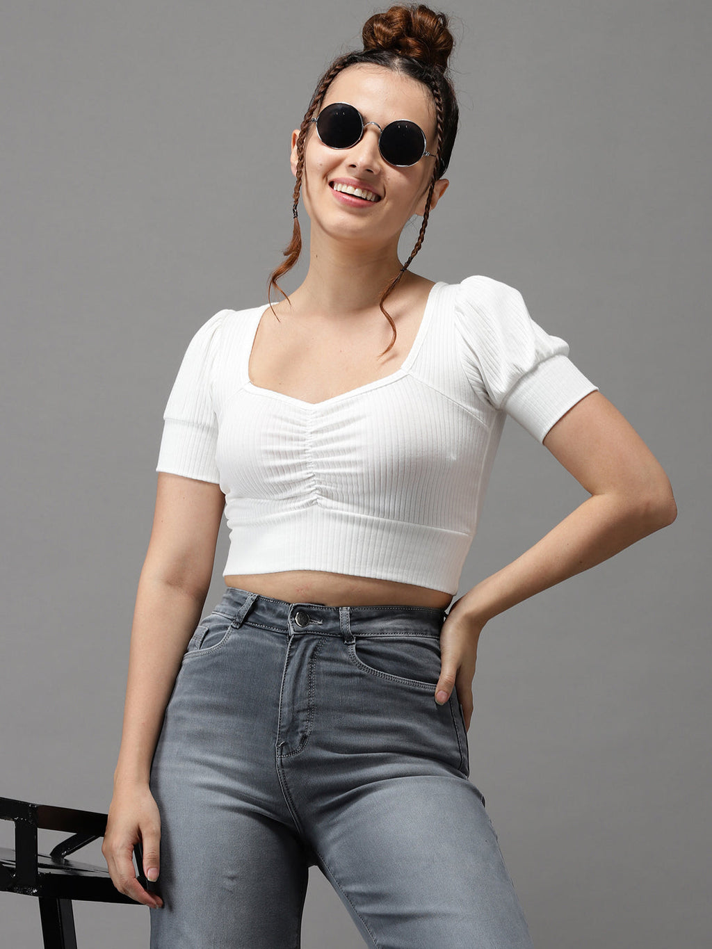 Women's Grey Jean Wide Leg High-Rise Light Fade Jeans