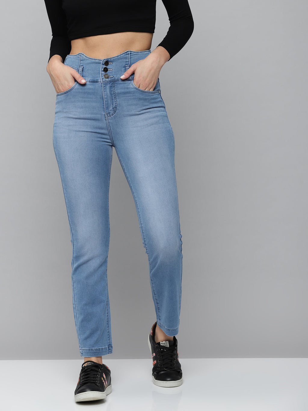 Women's Blue Jean Straight Fit High-Rise Light Fade Stretchable Jeans