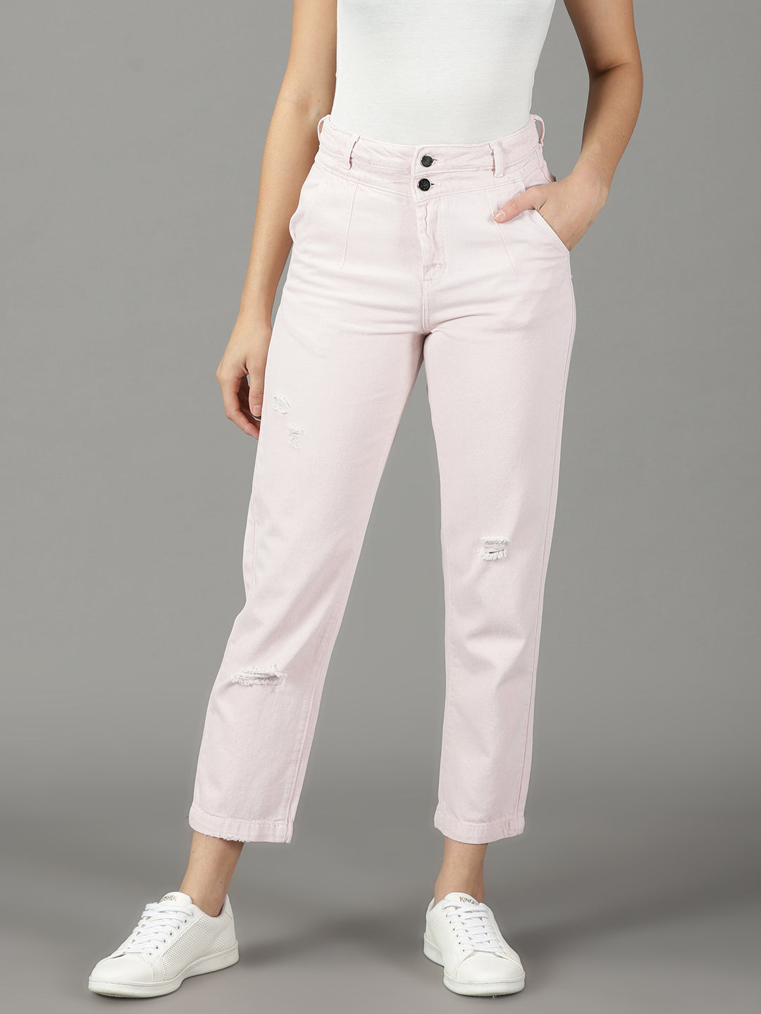 Women's Peach Relaxed Fit High-Rise Slash Knee Cotton Jeans