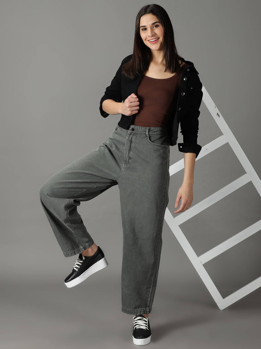 Women's Olive Solid Mom Fit Denim Jeans