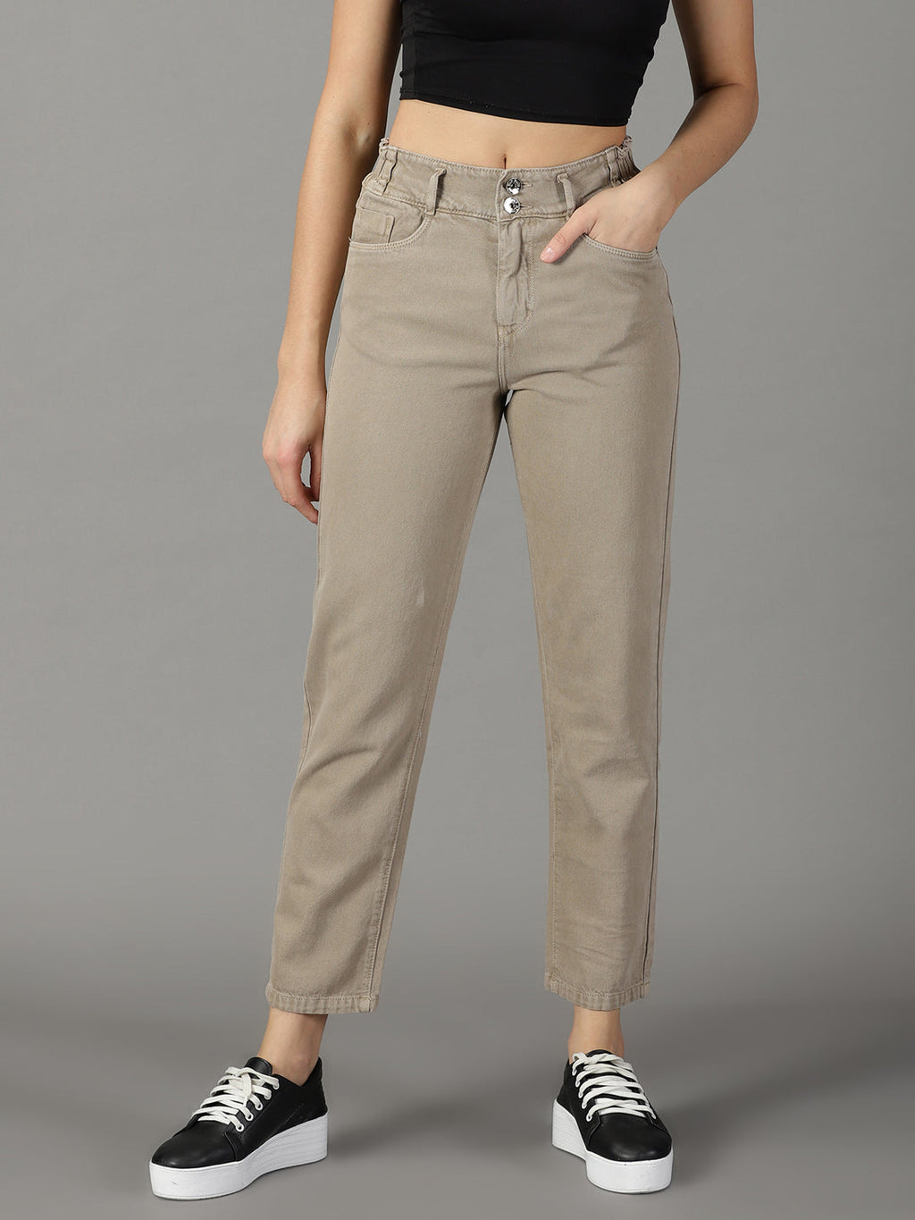 Women's Taupe Relaxed Fit High-Rise Non-Stretchable Jeans