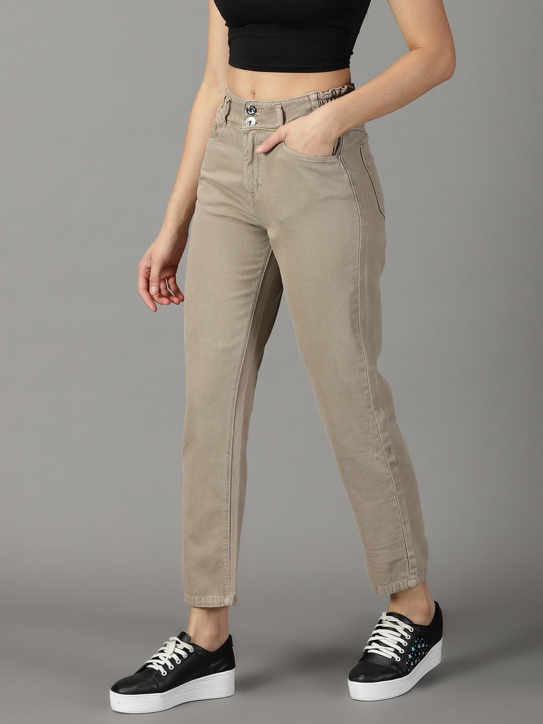 Women's Taupe Relaxed Fit High-Rise Non-Stretchable Jeans