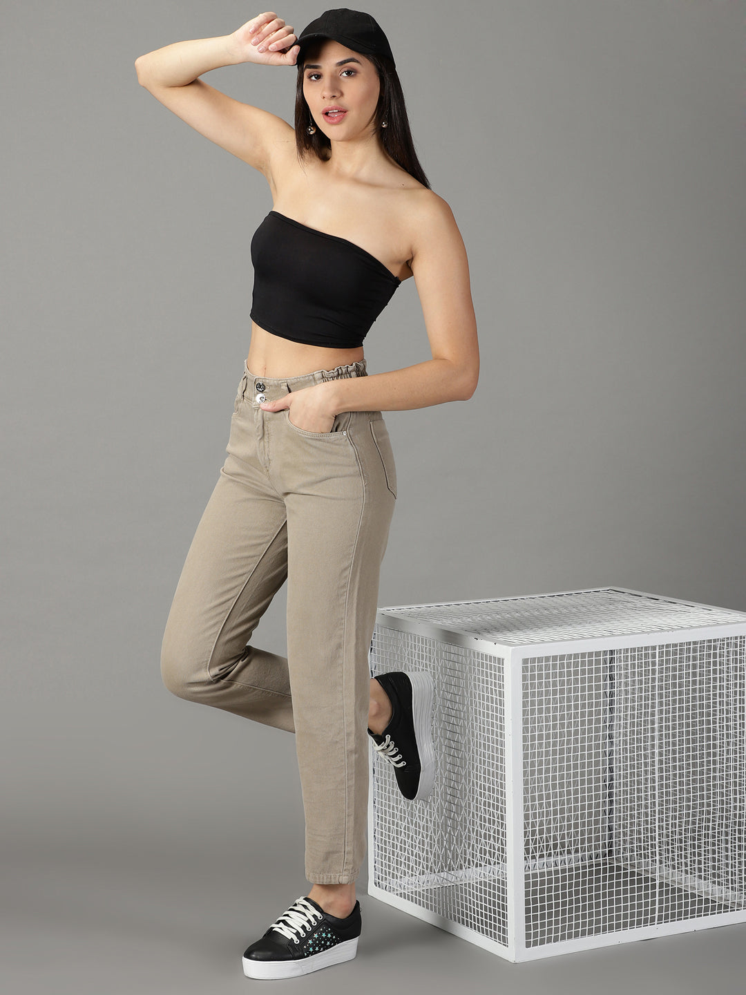 Women's Taupe Relaxed Fit High-Rise Non-Stretchable Jeans