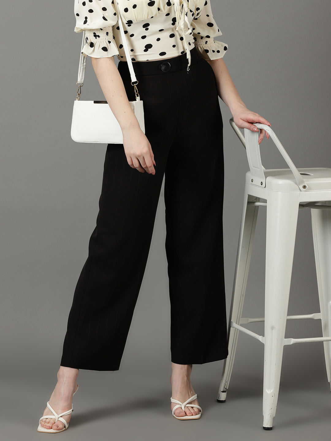 Women's Black Striped High-Rise Relaxed Fit Parallel Trousers