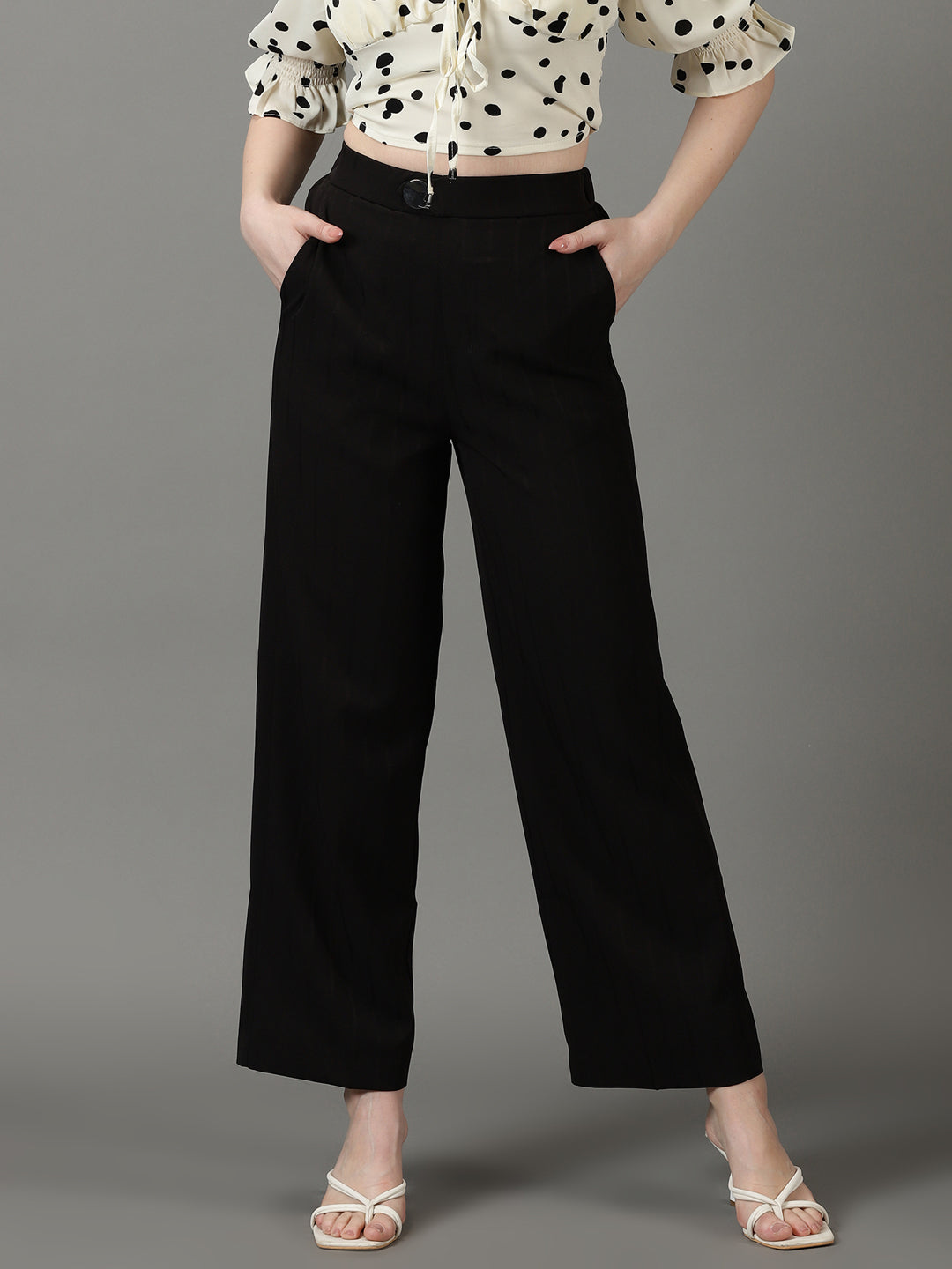 Women's Black Striped High-Rise Relaxed Fit Parallel Trousers