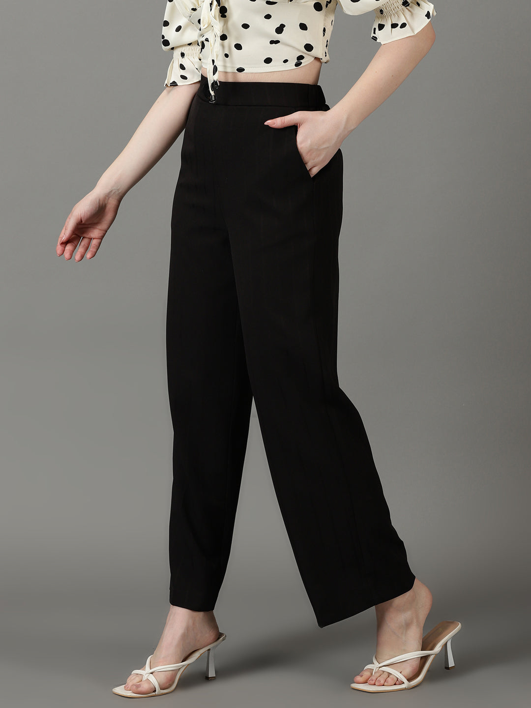 Women's Black Striped High-Rise Relaxed Fit Parallel Trousers