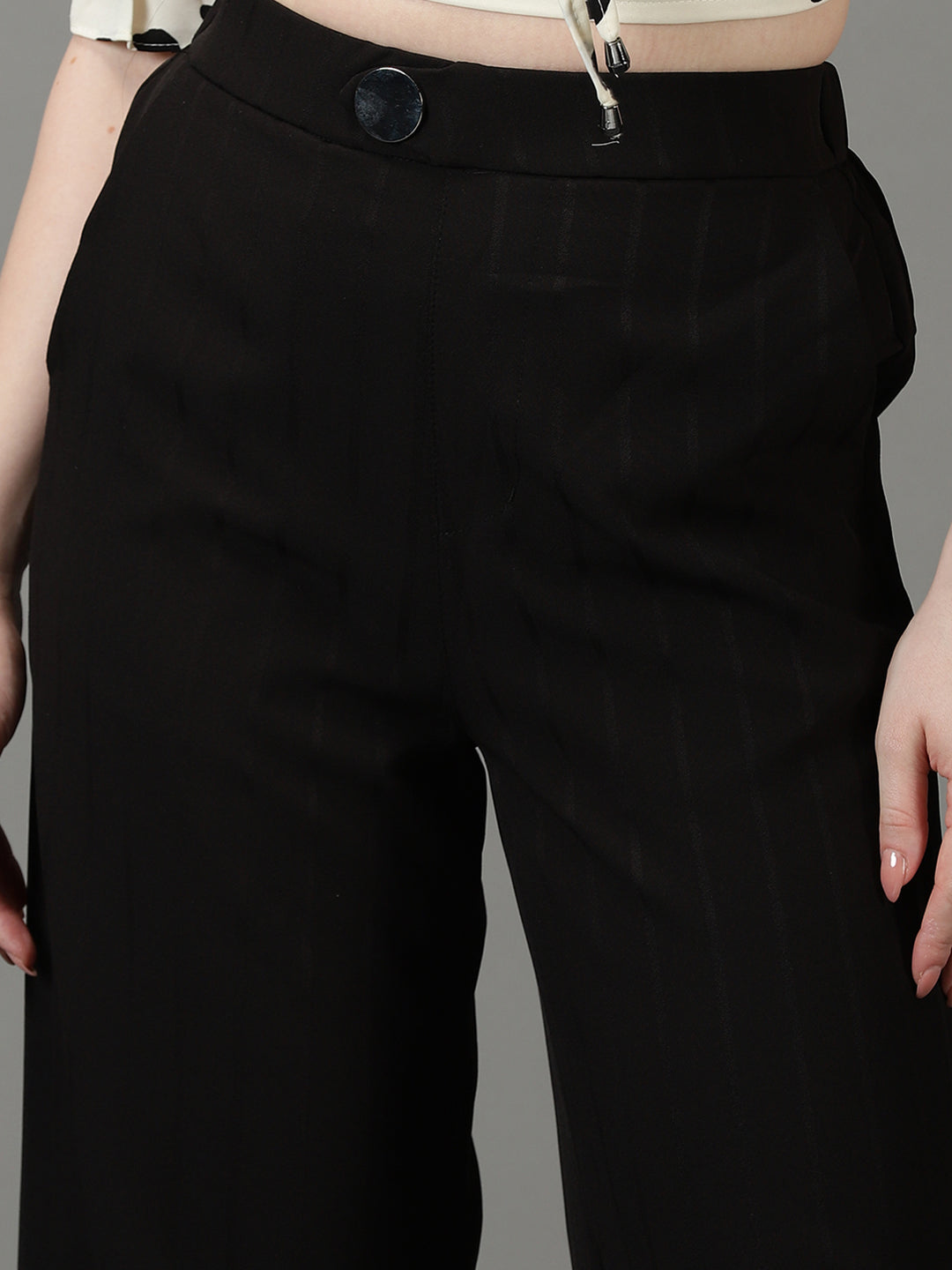 Women's Black Striped High-Rise Relaxed Fit Parallel Trousers