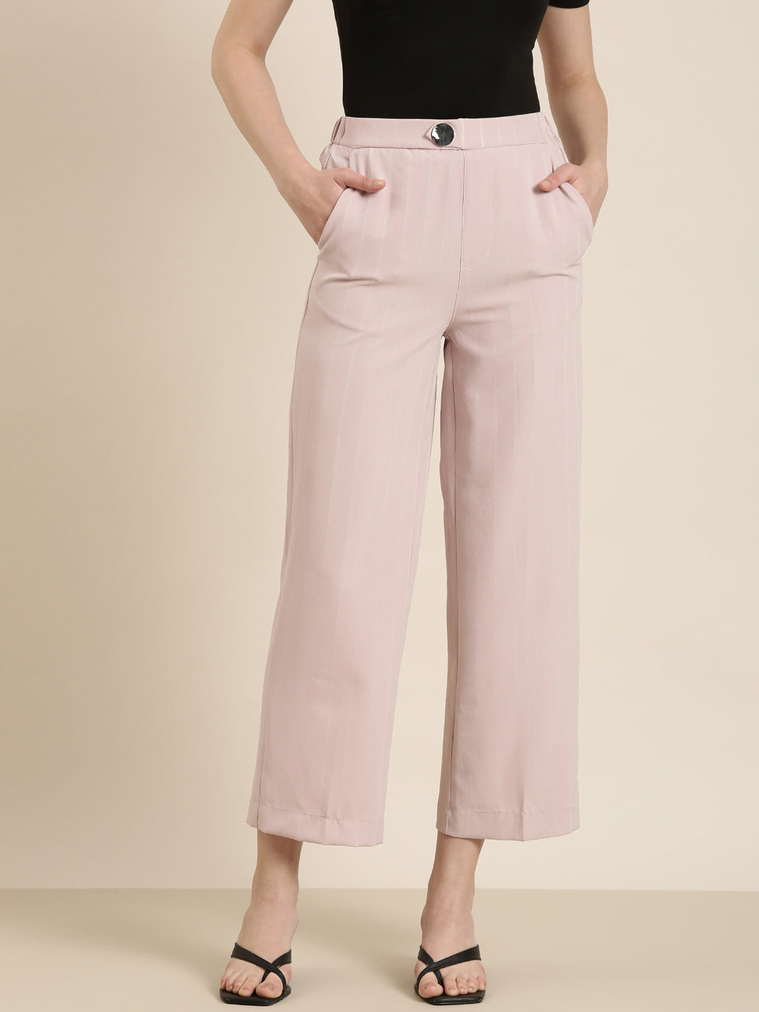 Women's Pink Relaxed Loose Fit High-Rise Trousers