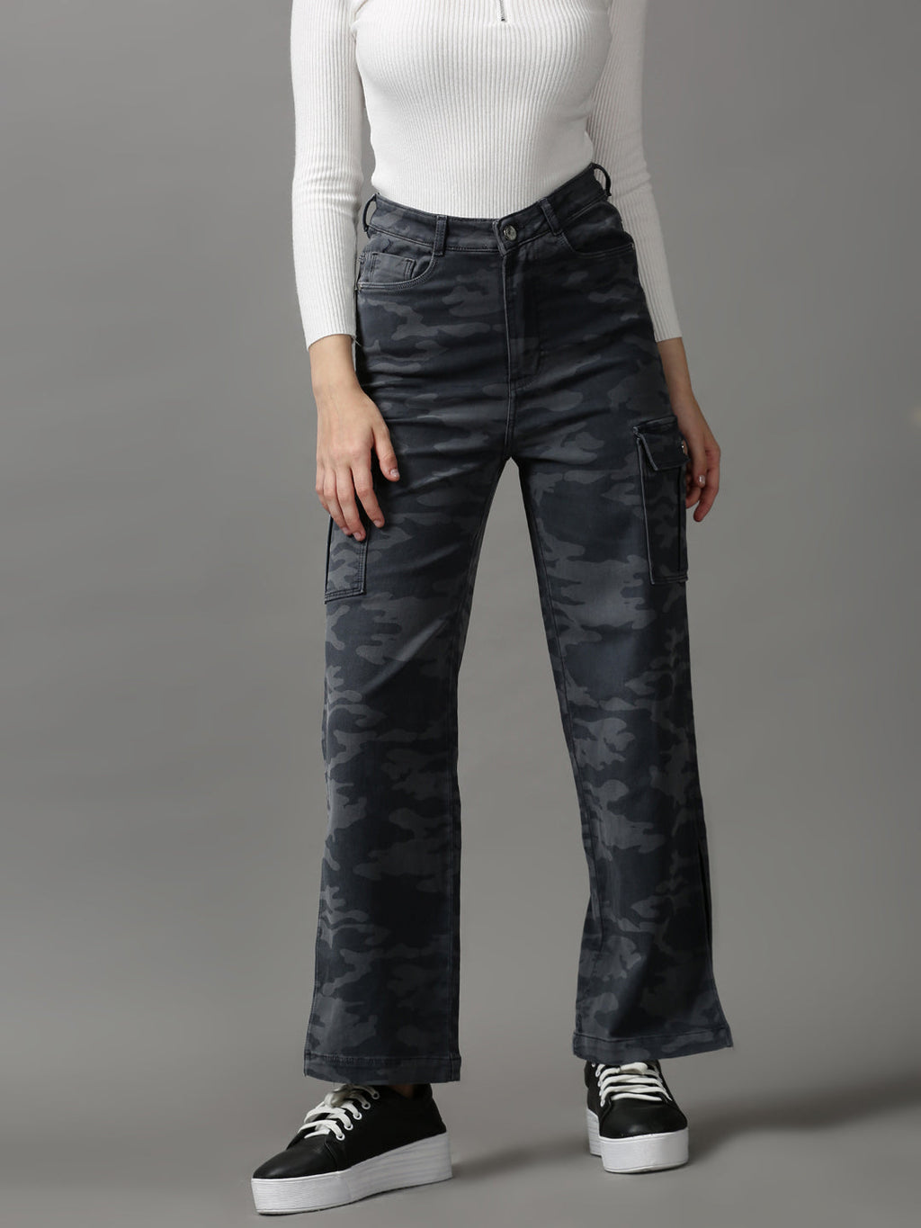 Women's Grey Clean Look Wide Leg Light Fade Stretchable Denim Jeans