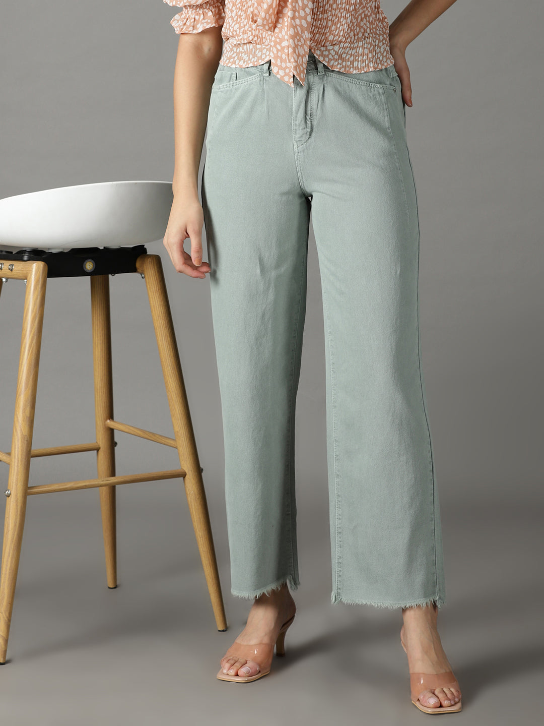 Women's Green Wide Leg High-Rise Cotton Jeans