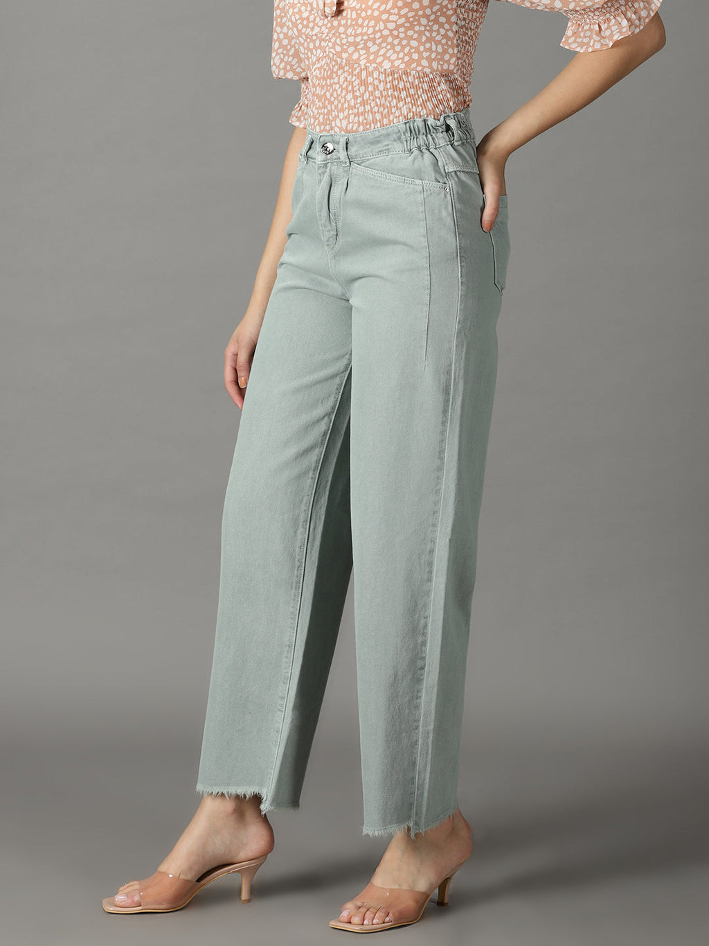 Women's Green Wide Leg High-Rise Cotton Jeans