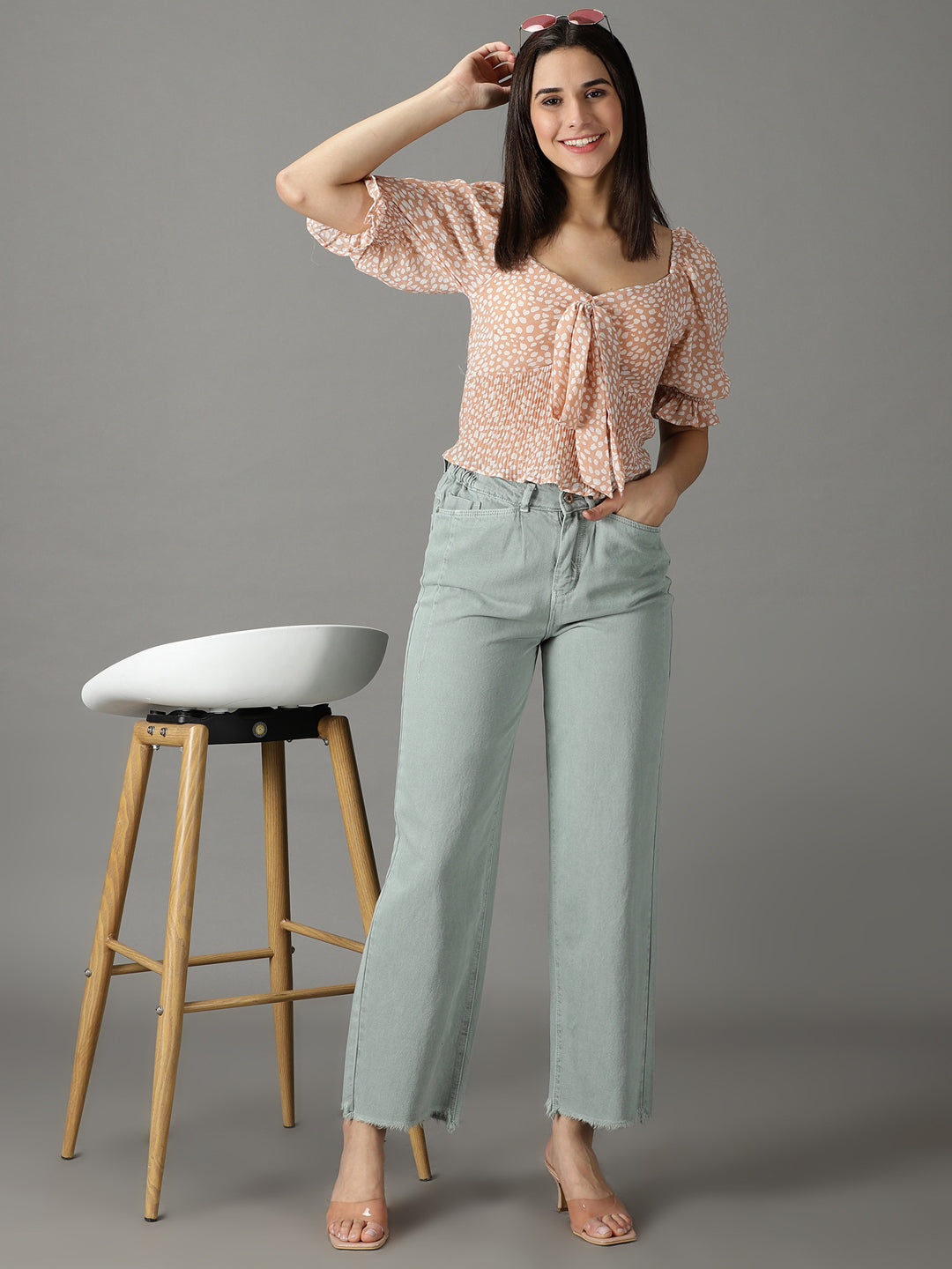 Women's Green Wide Leg High-Rise Cotton Jeans