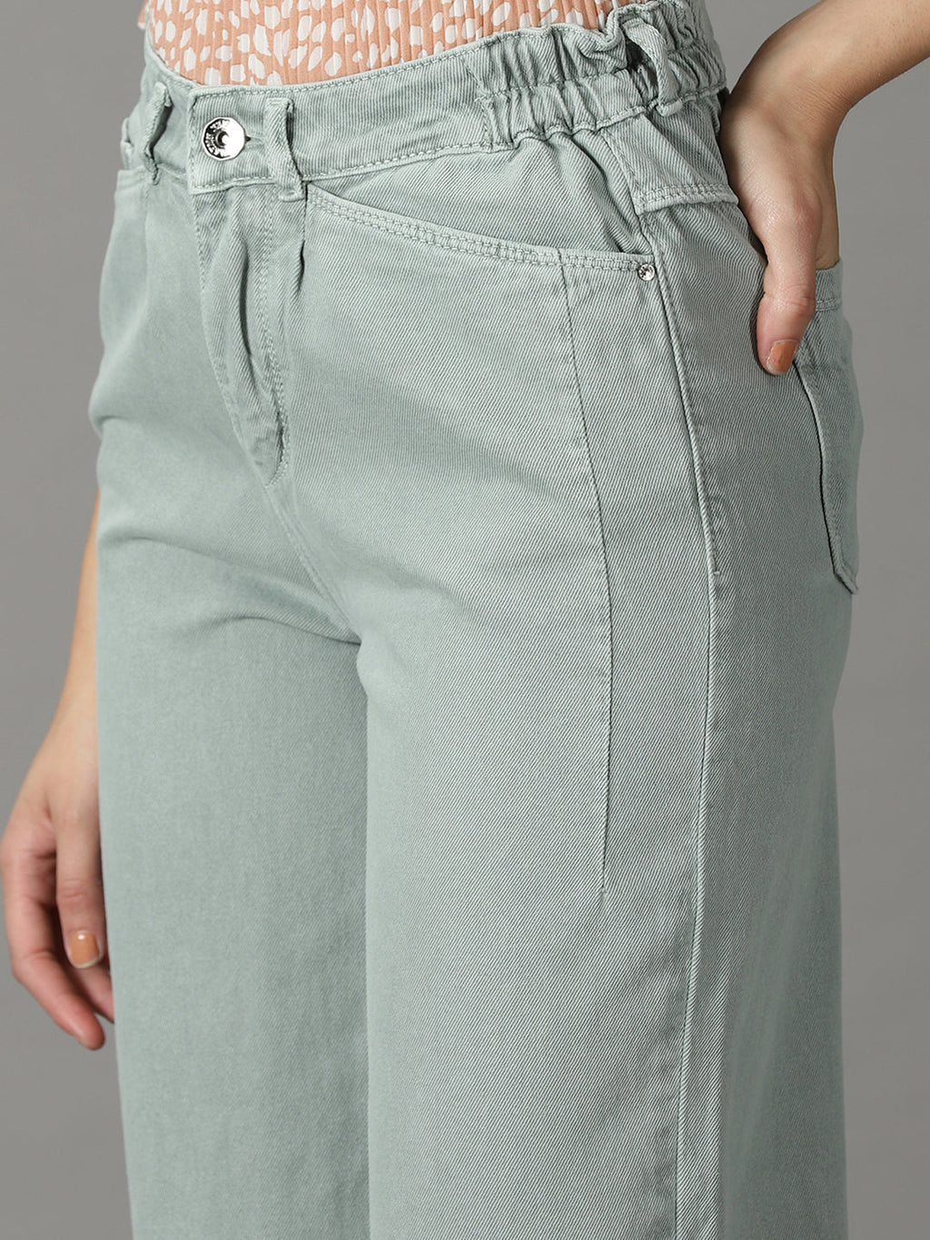 Women's Green Wide Leg High-Rise Cotton Jeans