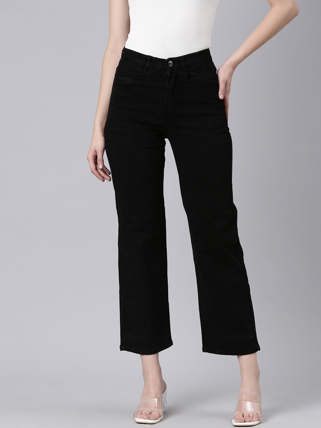 Women's Black Straight Fit Acid Wash Stretchable Denim Jeans