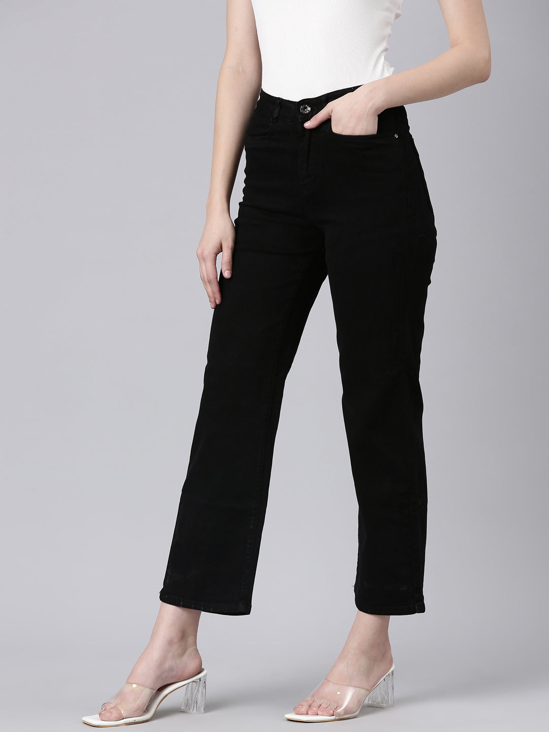 Women's Black Straight Fit Acid Wash Stretchable Denim Jeans