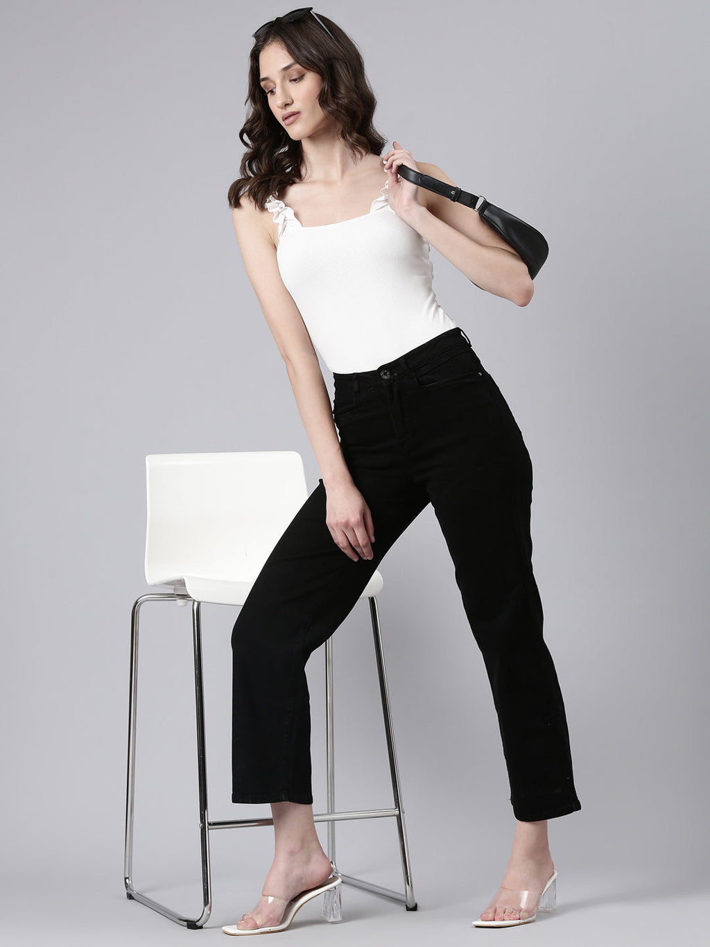 Women's Black Straight Fit Acid Wash Stretchable Denim Jeans