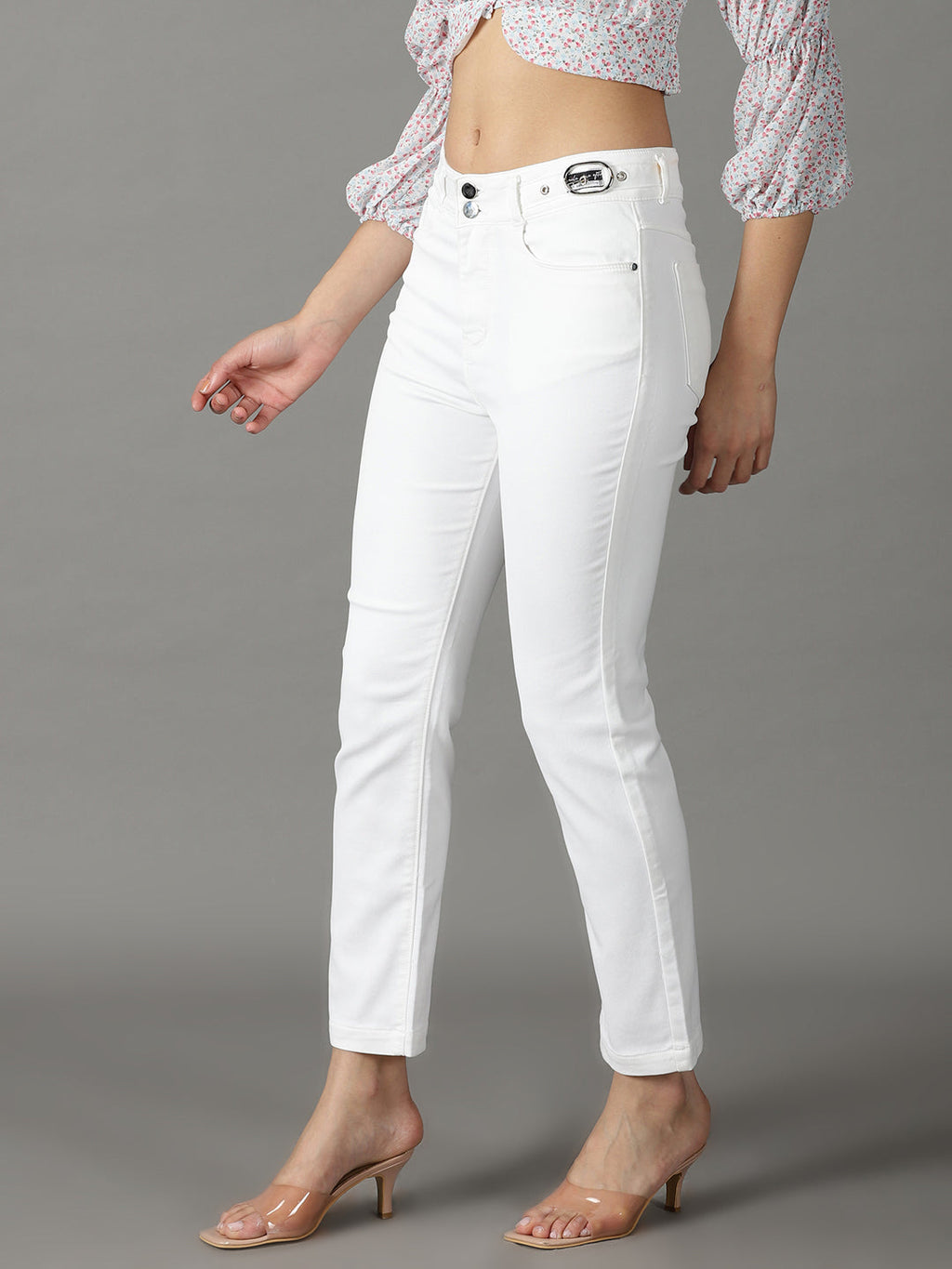 Women's White Solid Fit Denim Jeans