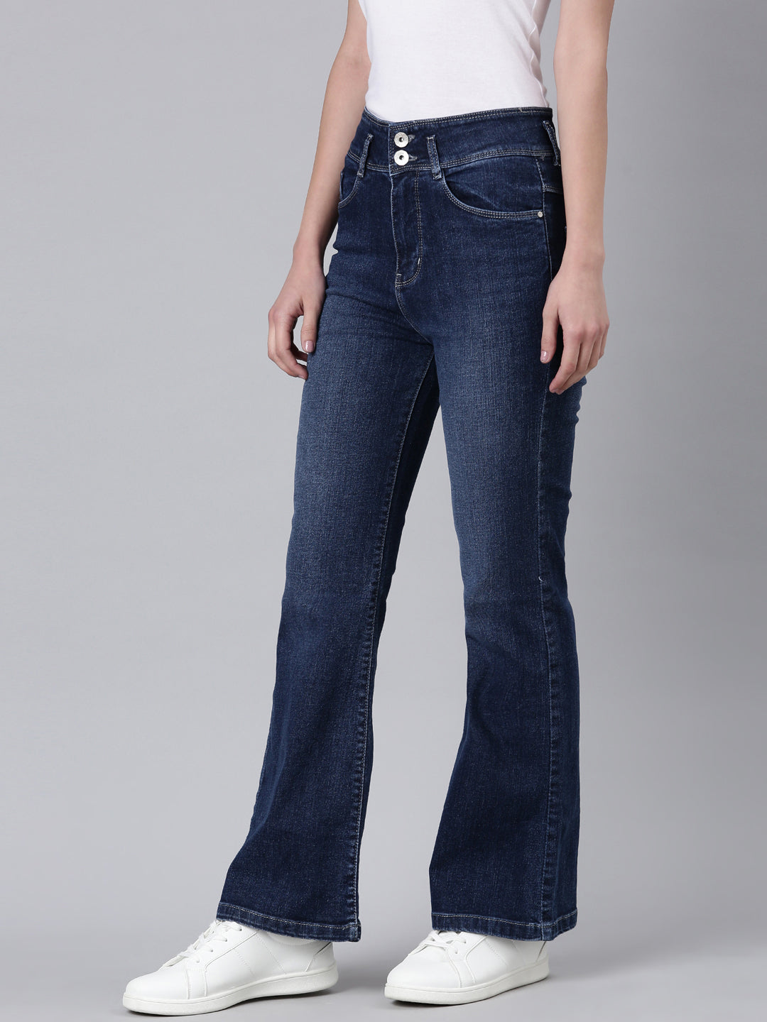 Women's Navy Blue Solid Flared Denim Jeans