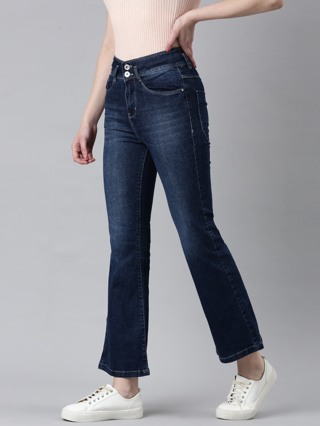 Women's Navy Blue Flared Mid-Rise Light Fade Cropped Denim Jeans