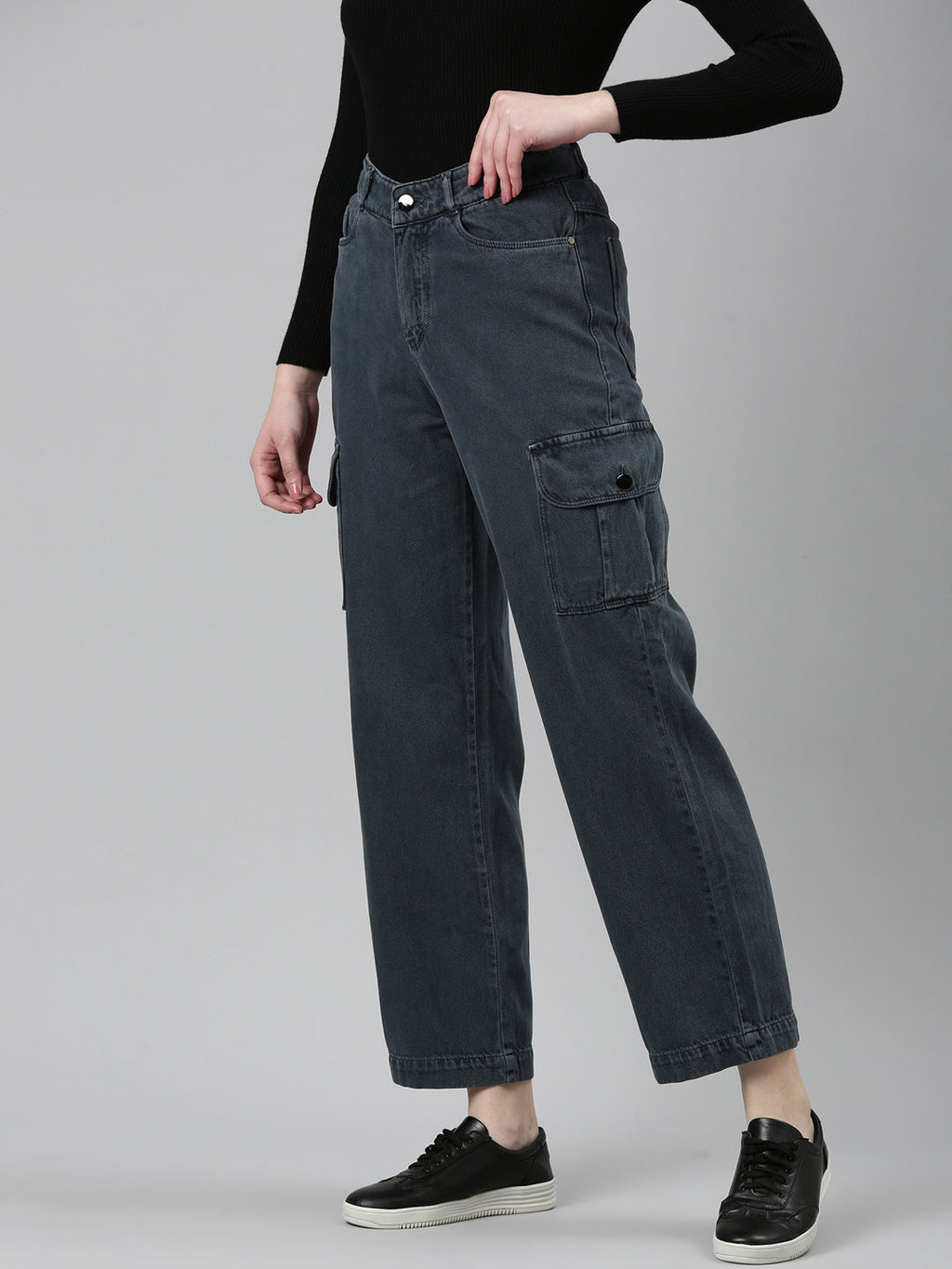 Women's Grey High-Rise Cotton Wide Leg Denim Jeans