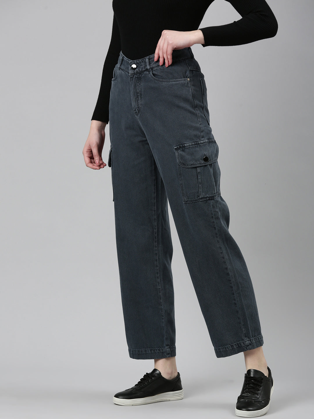 Women's Grey High-Rise Cotton Wide Leg Denim Jeans