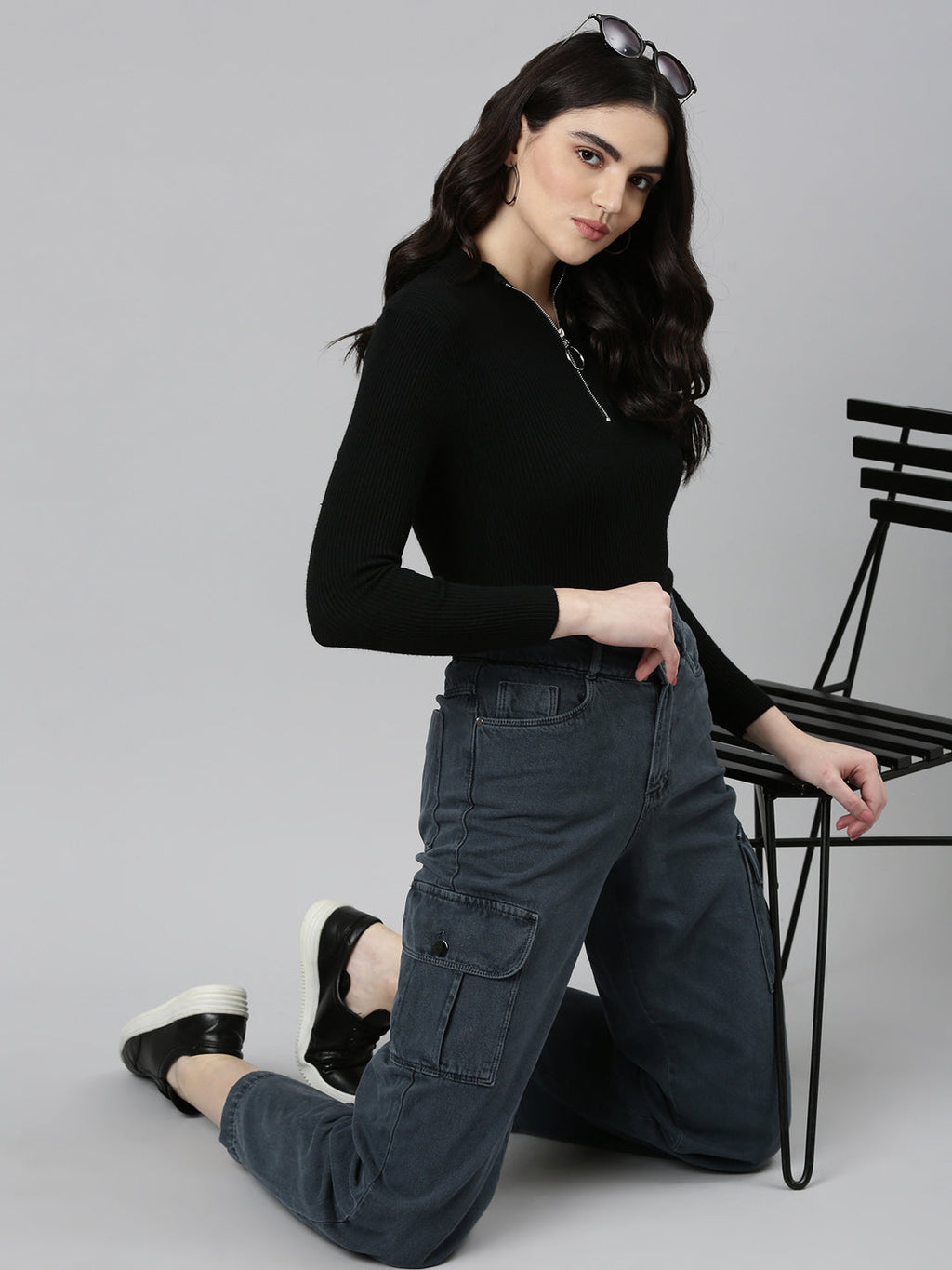 Women's Grey High-Rise Cotton Wide Leg Denim Jeans