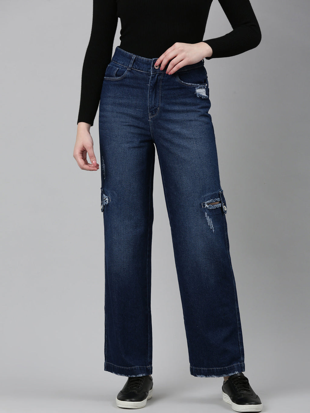 Women's Navy Blue Straight Fit Mid Rise Denim Jeans