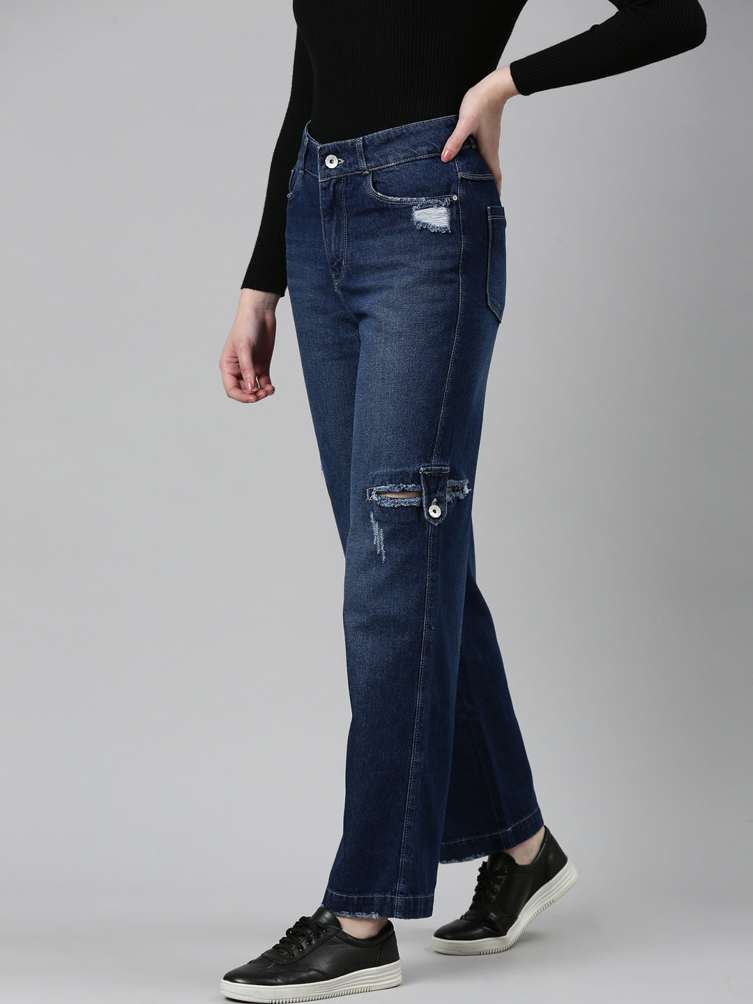 Women's Navy Blue Straight Fit Mid Rise Denim Jeans