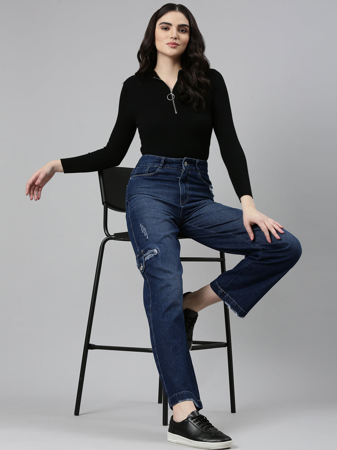 Women's Navy Blue Straight Fit Mid Rise Denim Jeans