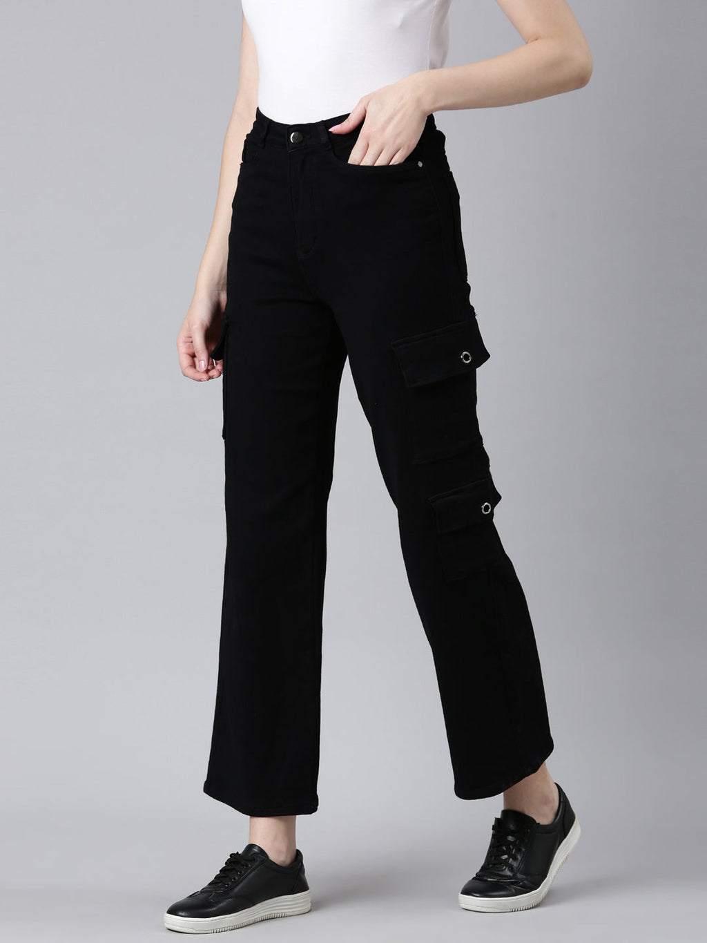 Women's Black Wide Leg Acid Wash Denim Cargo Jeans