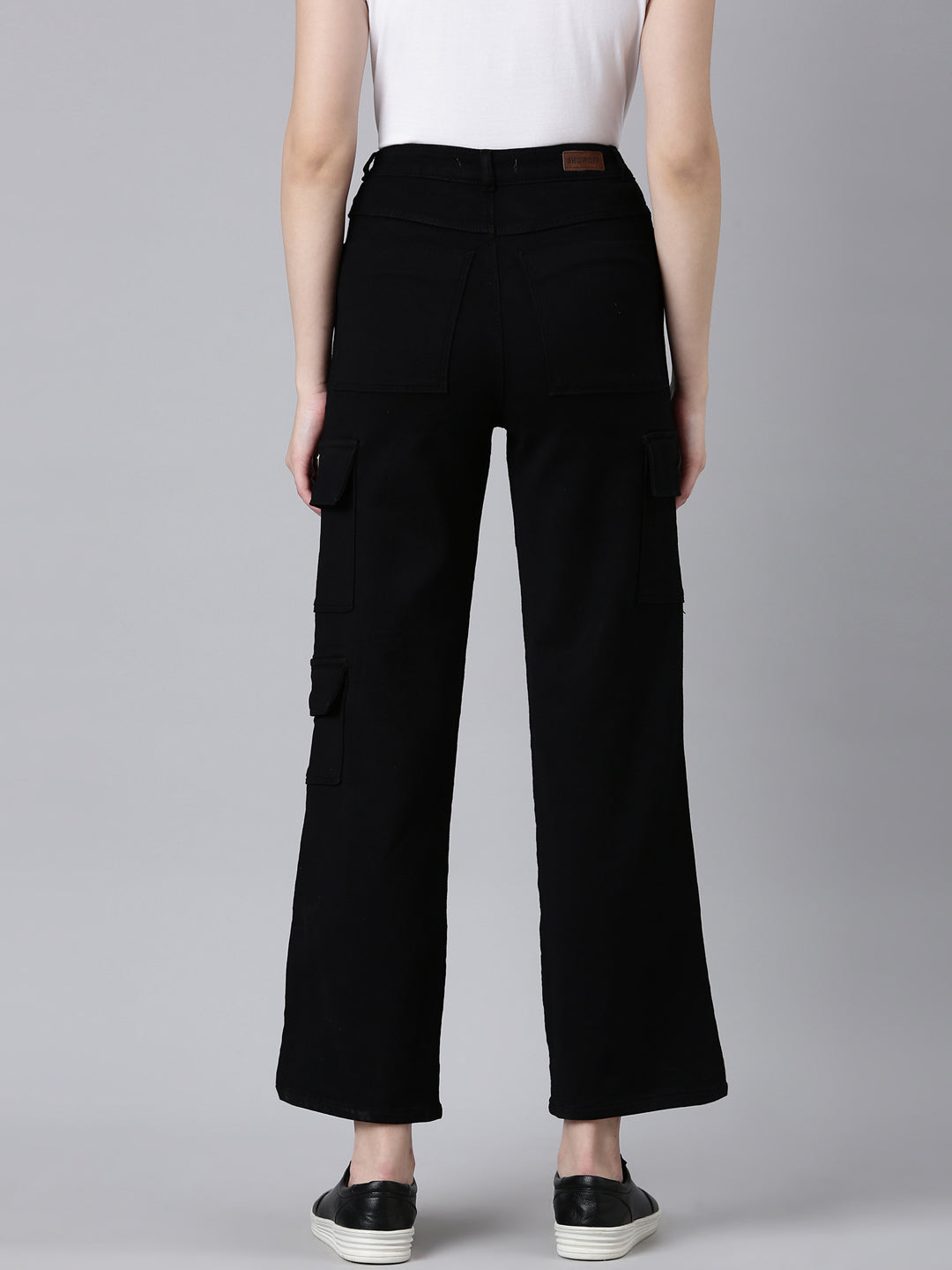 Women's Black Wide Leg Acid Wash Denim Cargo Jeans