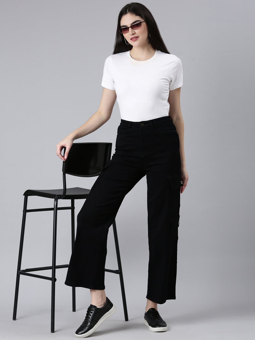 Women's Black Wide Leg Acid Wash Denim Cargo Jeans