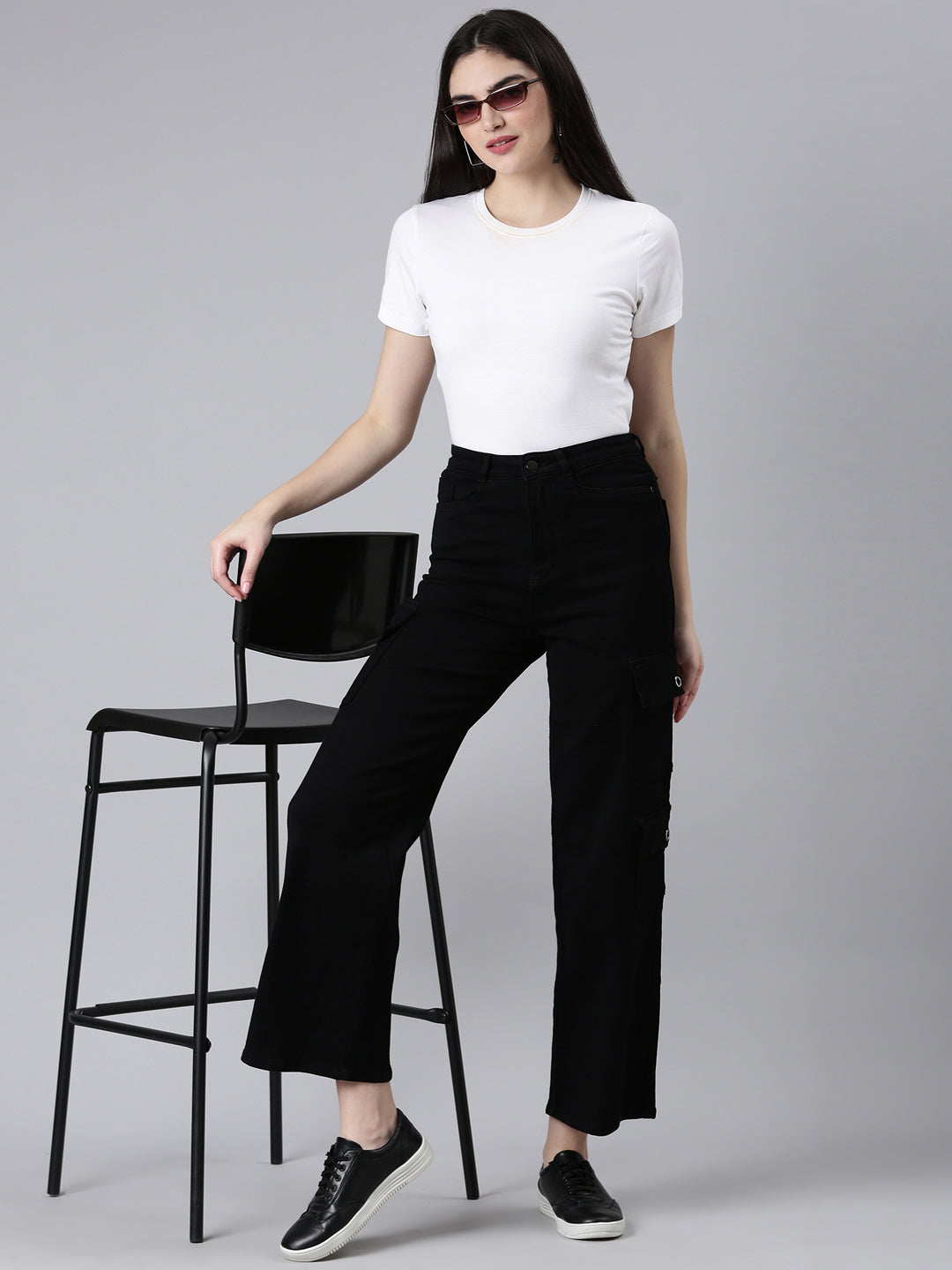 Women's Black Wide Leg Acid Wash Denim Cargo Jeans