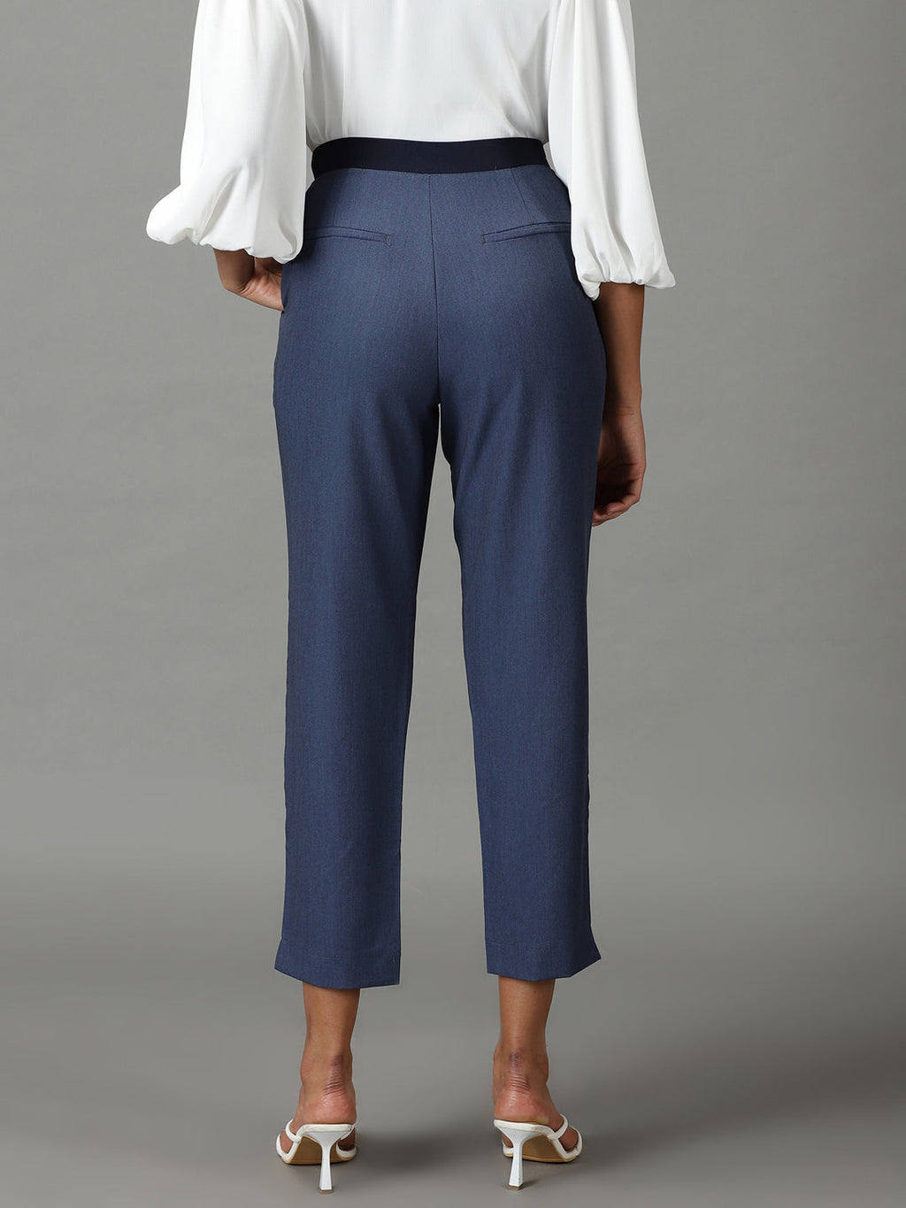 Women's Blue Mom Fit Cotton Formal Trousers