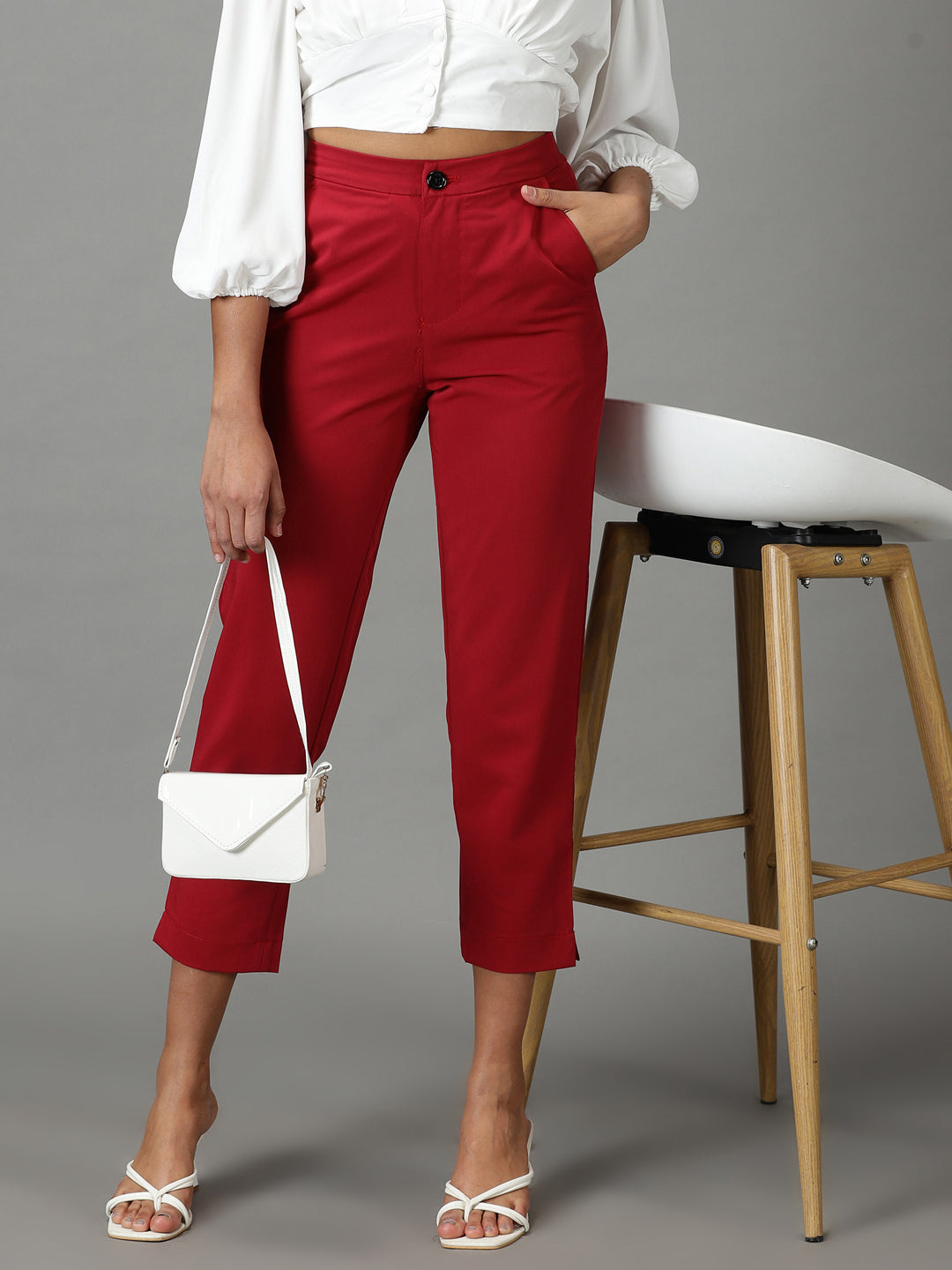Women's Maroon Mom Fit Cotton Formal Trousers