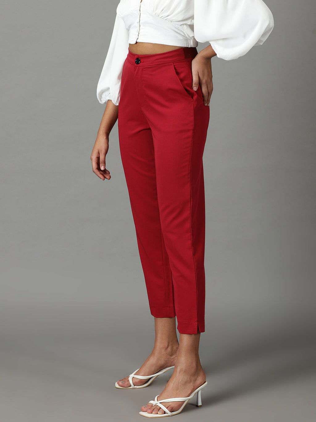 Women's Maroon Mom Fit Cotton Formal Trousers