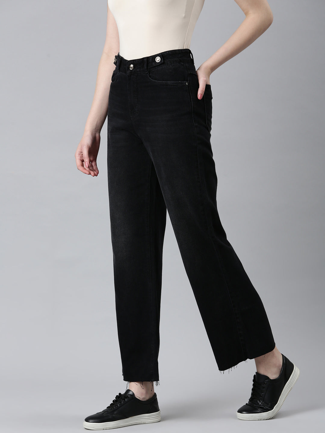 Women's Black High-Rise Wide Leg Non Denim Cotton Jeans