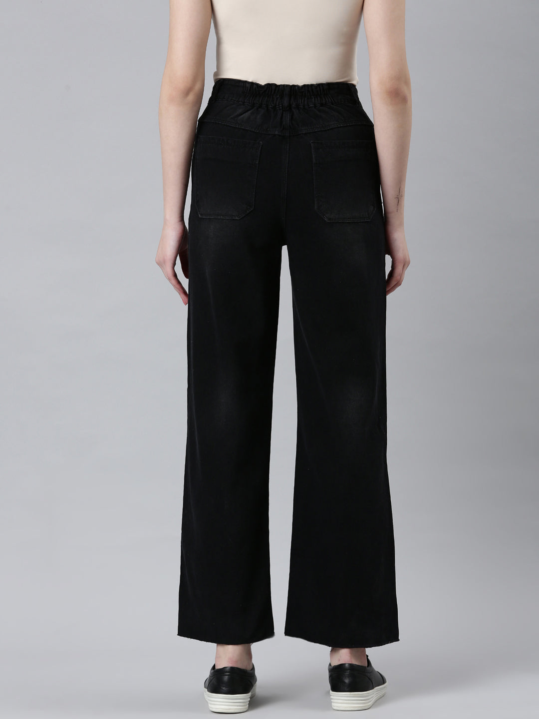 Women's Black High-Rise Wide Leg Non Denim Cotton Jeans
