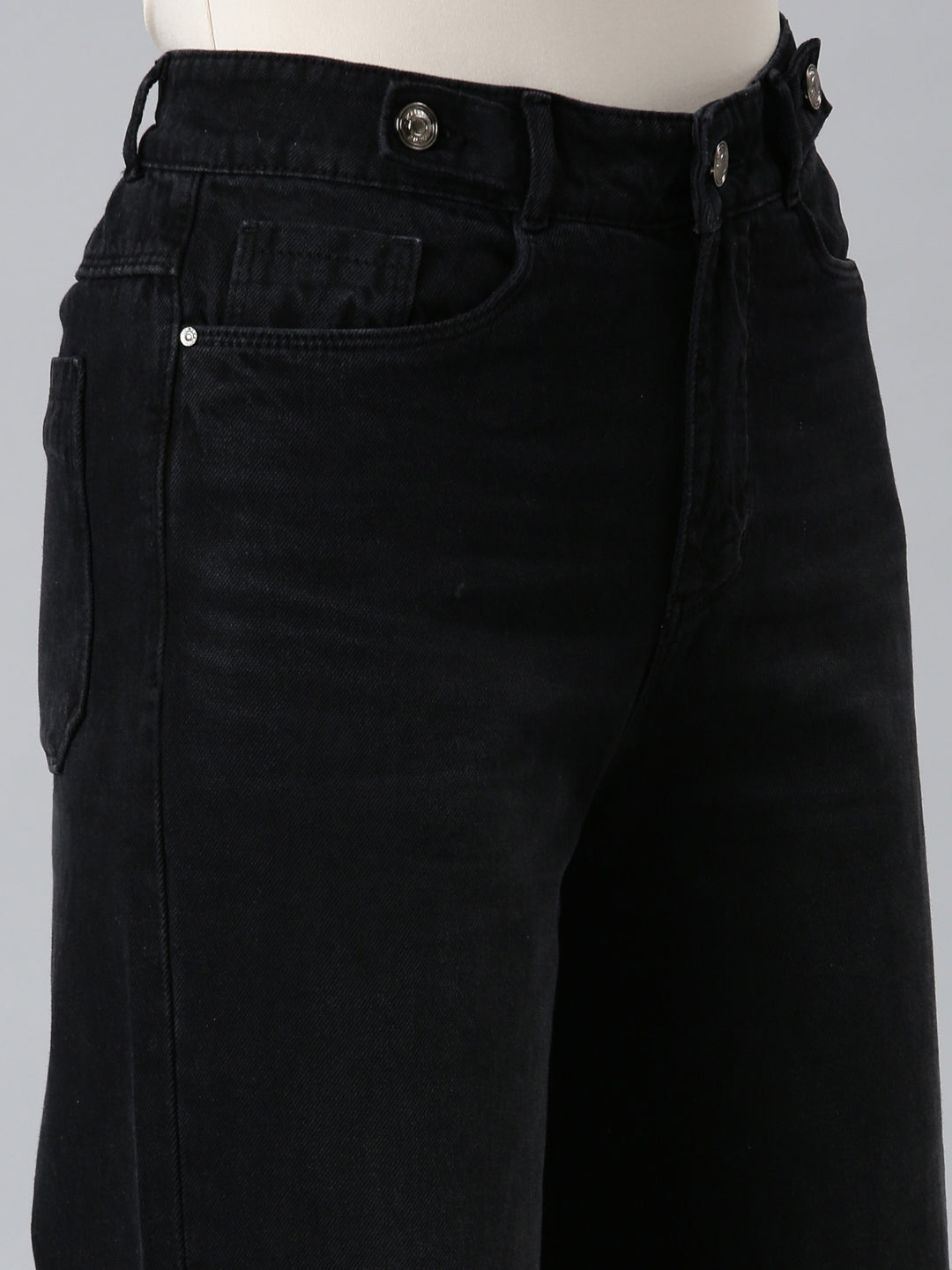 Women's Black High-Rise Wide Leg Non Denim Cotton Jeans