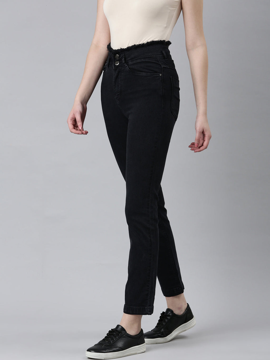 Women's Black Mid-Rise Frayed Denim Jeans