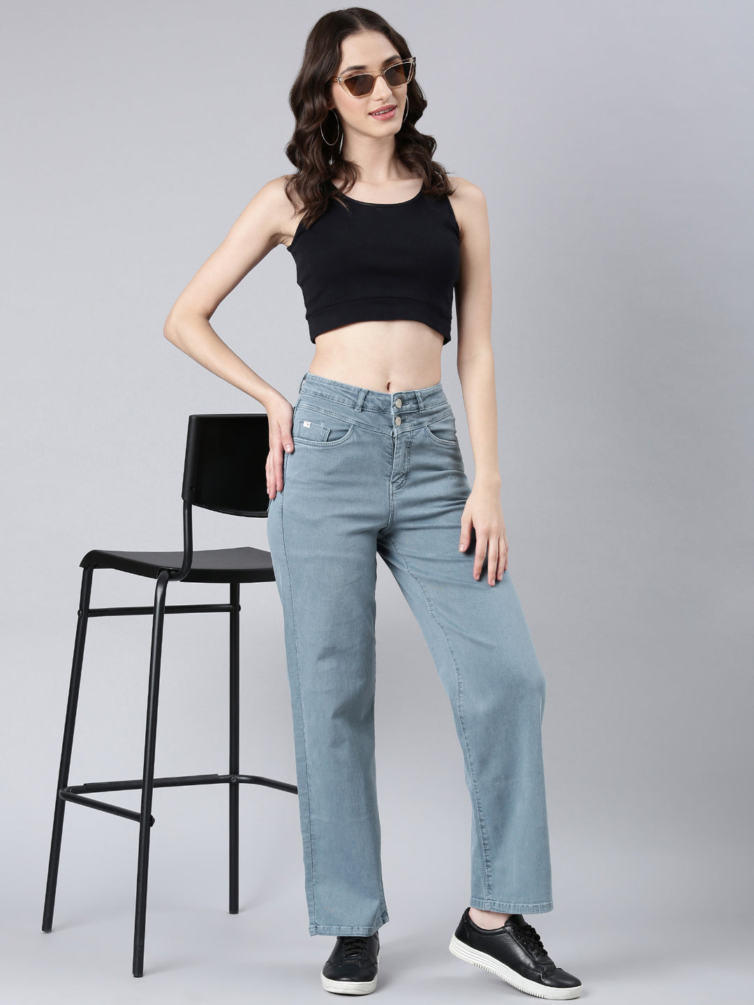 Women's Grey Wide Leg Stretchable Denim Jeans