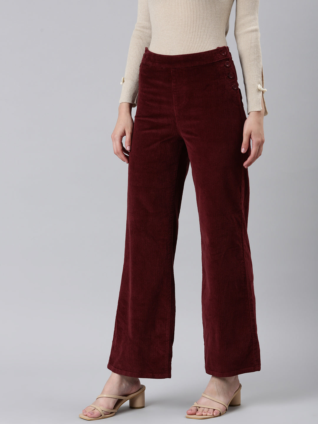 Women's Red Straight Fit High-Rise Parallel Trousers