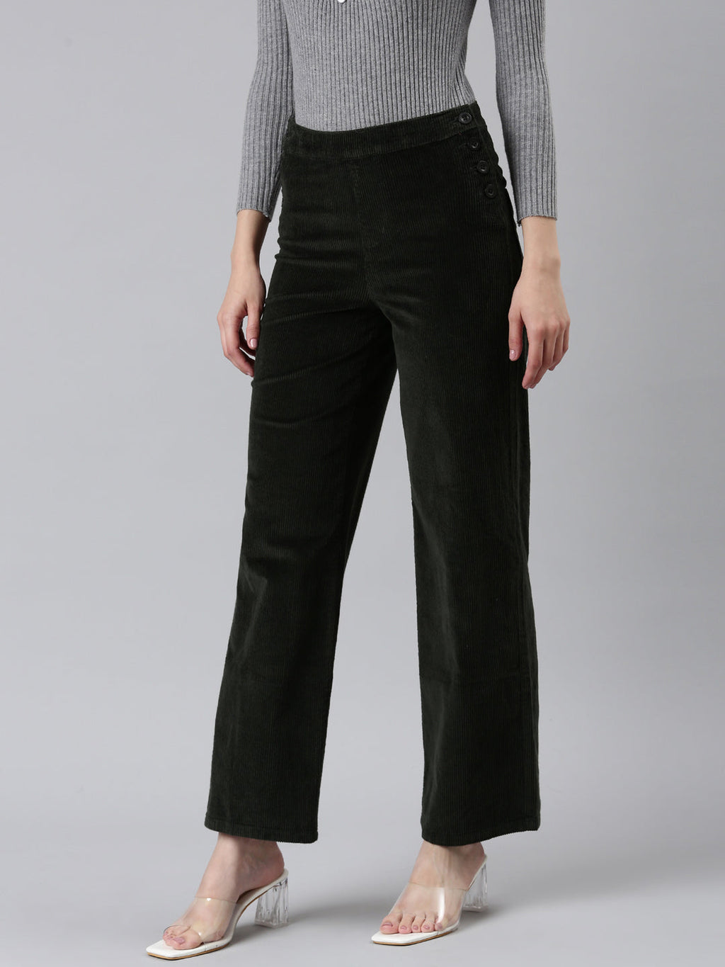 Women's Olive Straight Fit High-Rise Trousers
