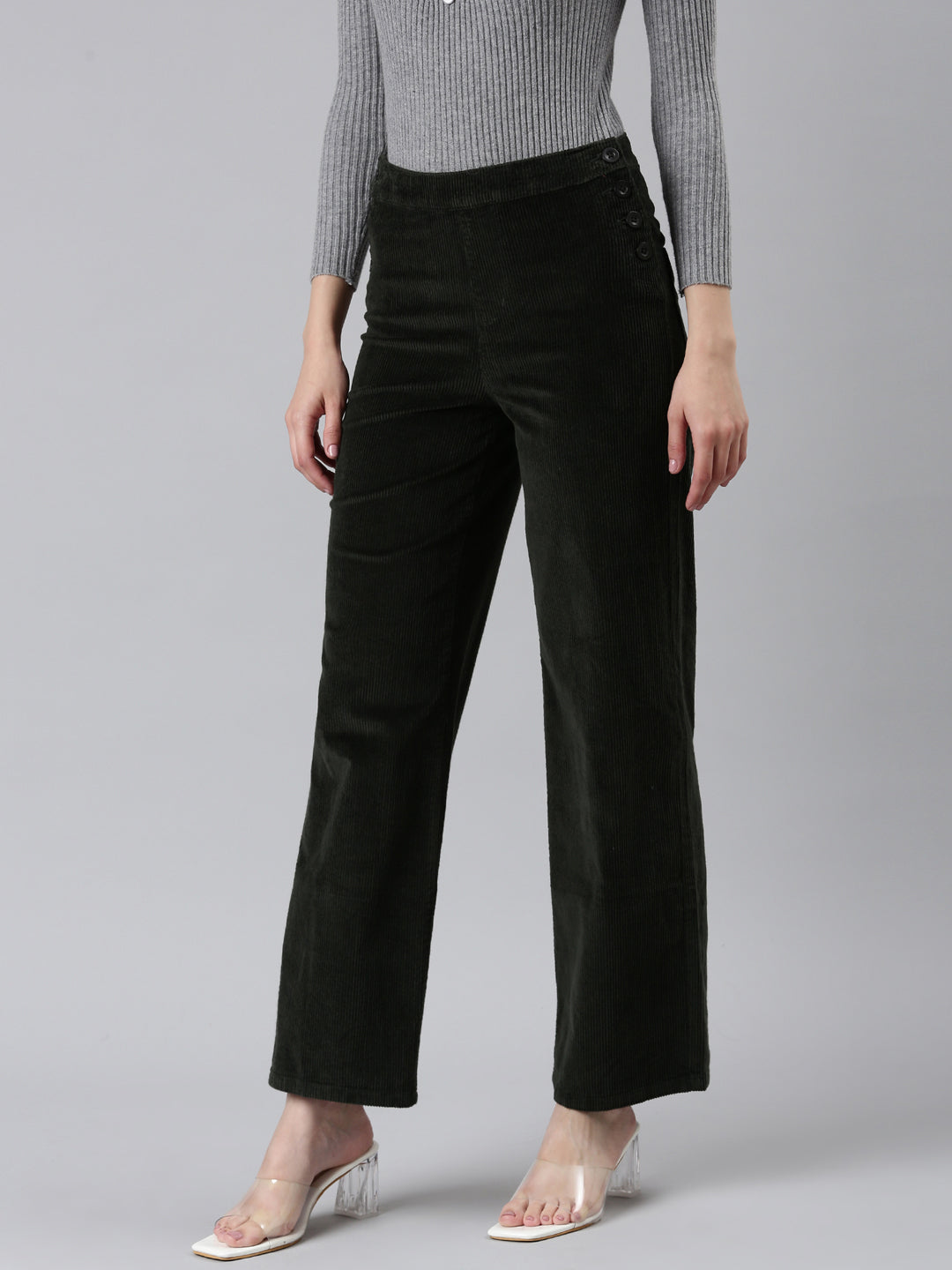 Women's Olive Straight Fit High-Rise Trousers